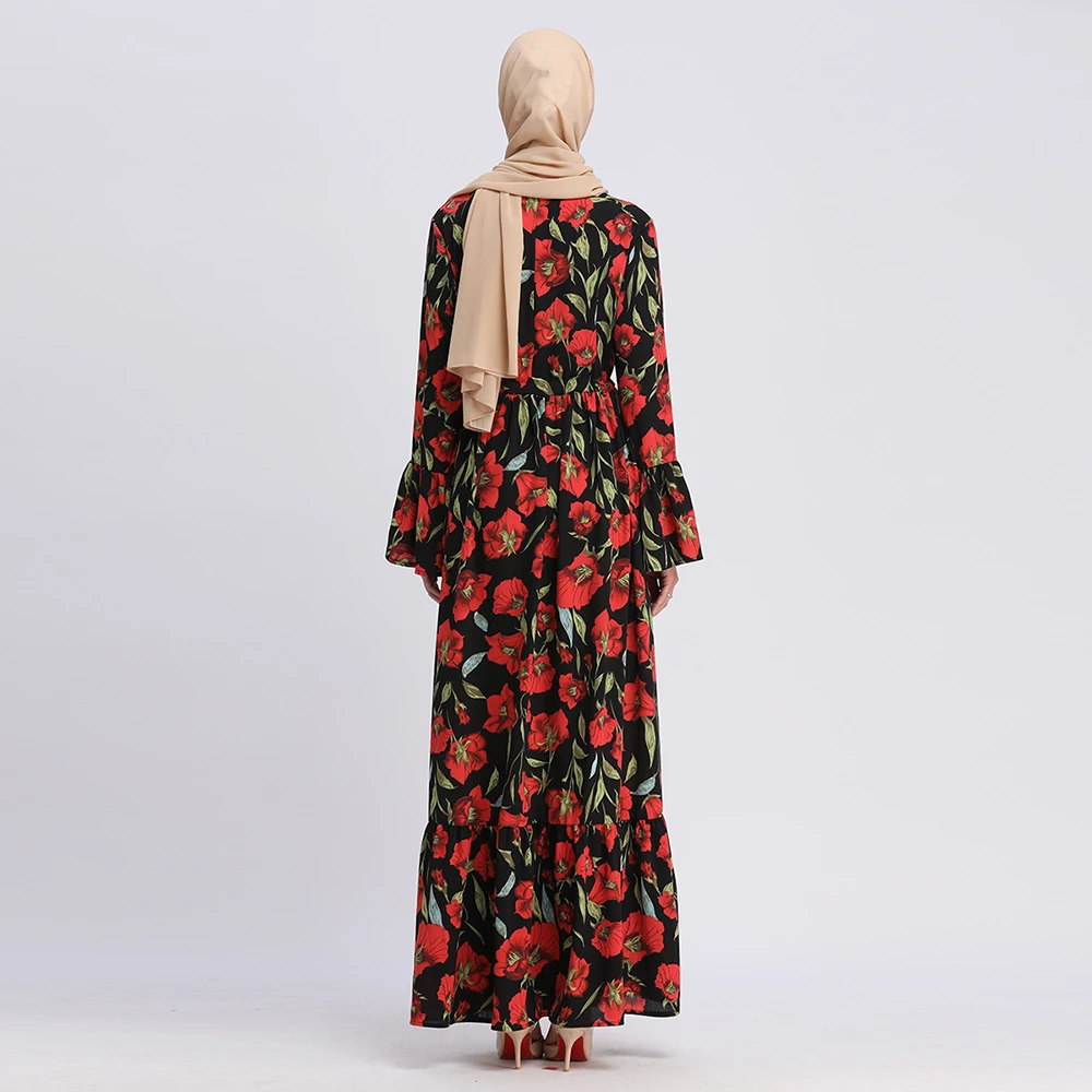 

Elegant Muslim Print Floral Dress Abaya Cardigan Long Robe Gowns Jubah Ramadan Thobe Worship Service Islamic Prayer Clothing