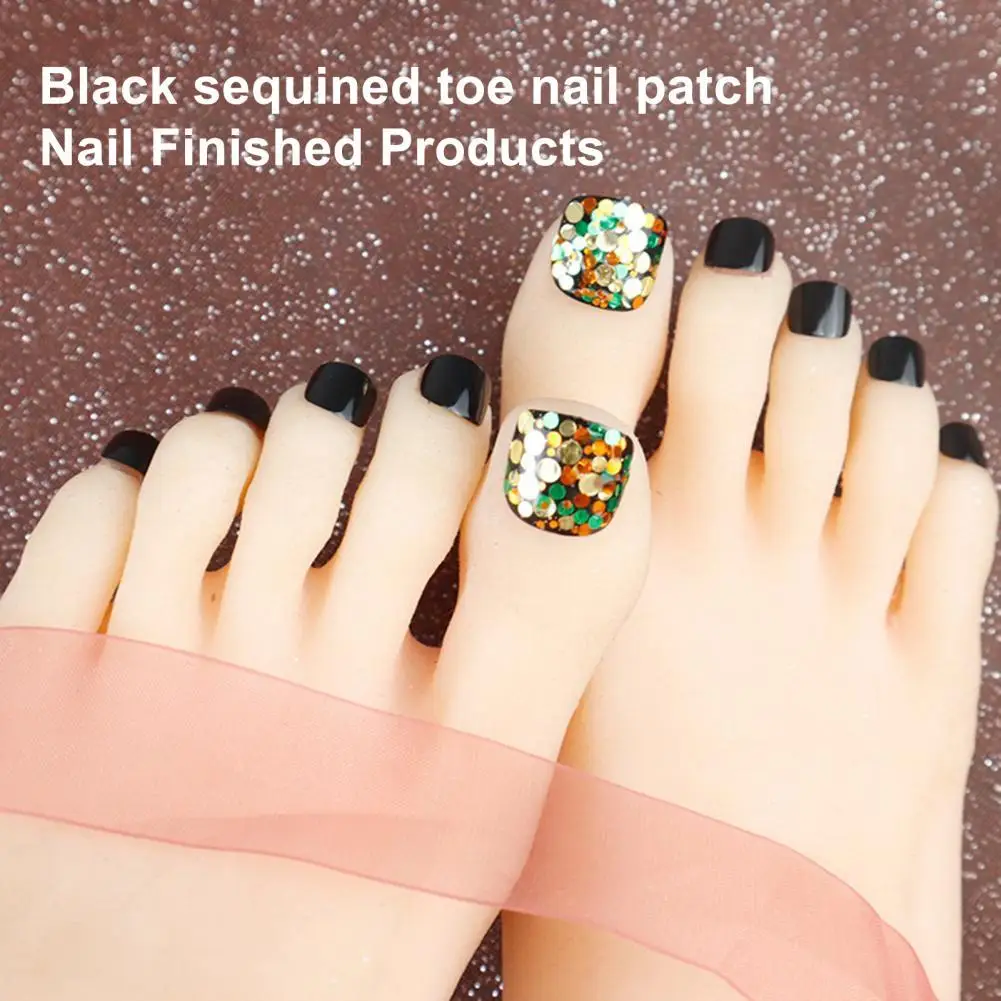 

24 Pcs Nail Patch Universal Lightweight ABS Black Sequins Beauty Makeup False Toenails Finished Nail Art Korean Sequins