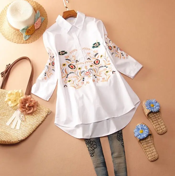 

Women's Spring autumn A-Line embroidery long Shirt Female Vintage National Loose Casual plus size cotton Shirt Blouse TB998