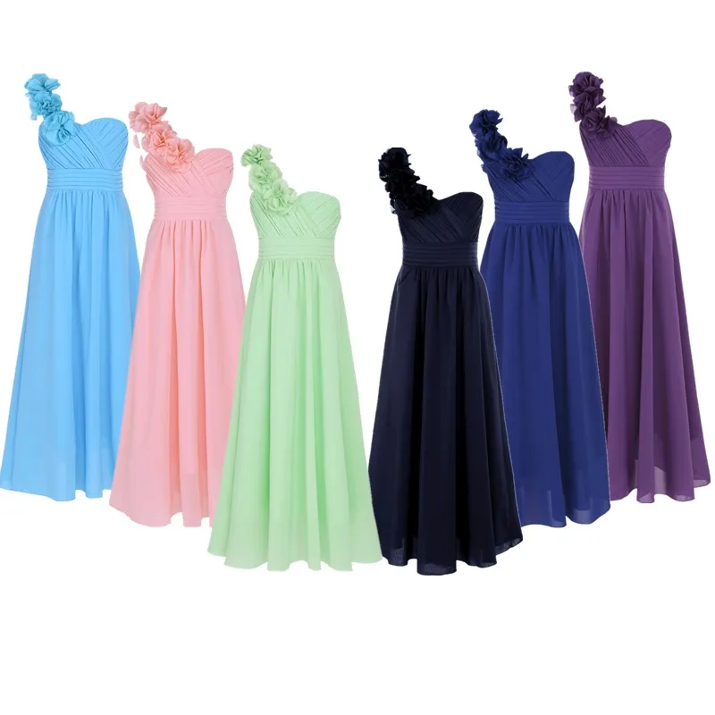 

Junior Bridesmaid Dresses With Ruffle Flowers One-shoulder Princess Girl Chiffon Dresses Pageant Party Flower Girl Wedding Dress