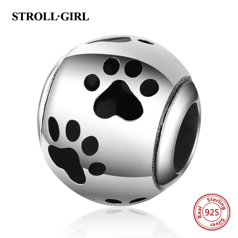 

100% 925 Sterling Silver Enamel Dog Footprint Charms Cat Paw Print Zircon Bead Fit European Bracelet for Women 2020 Jewelry