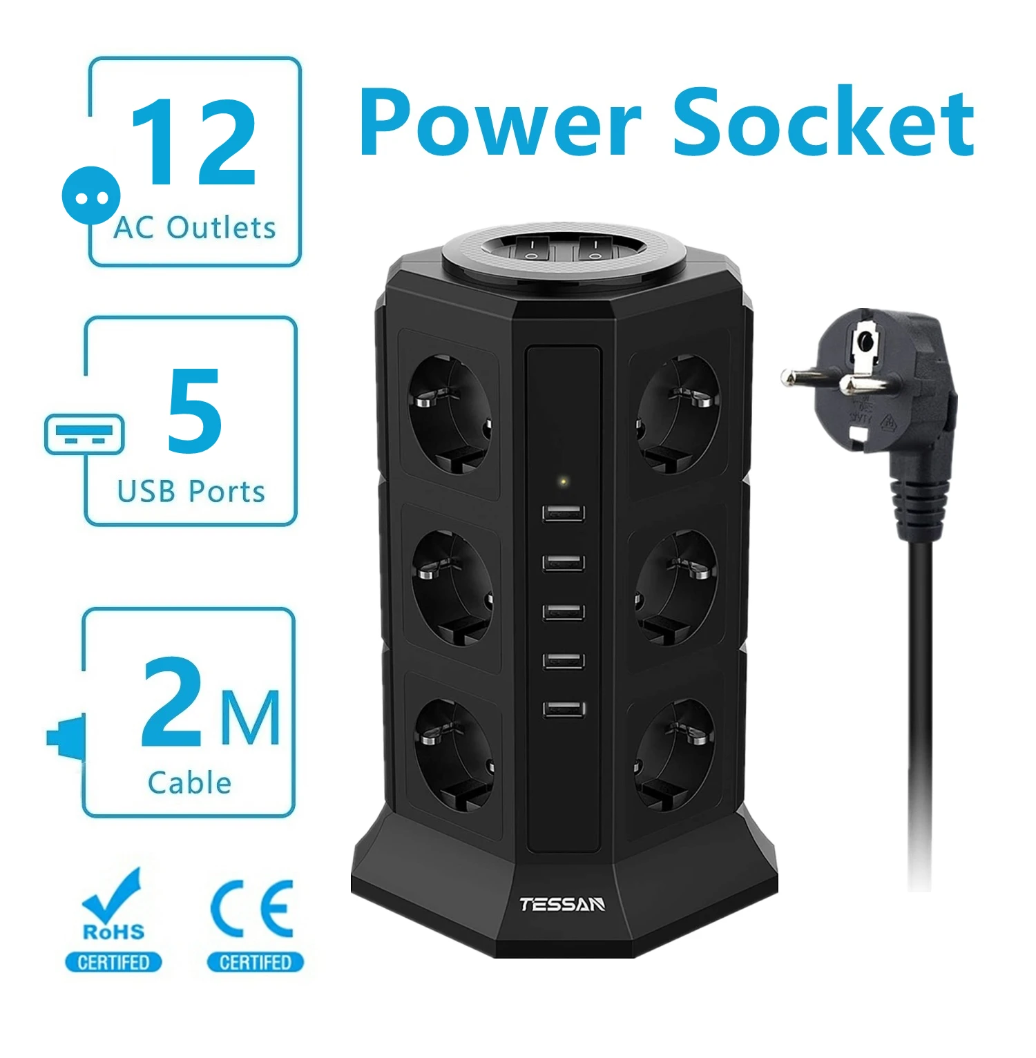 

TESSAN Multi Plug Extension Adapter Power Strip Tower with 2 M Extension Cable 4 USB Charging Ports and 10 Outlets USB Socket