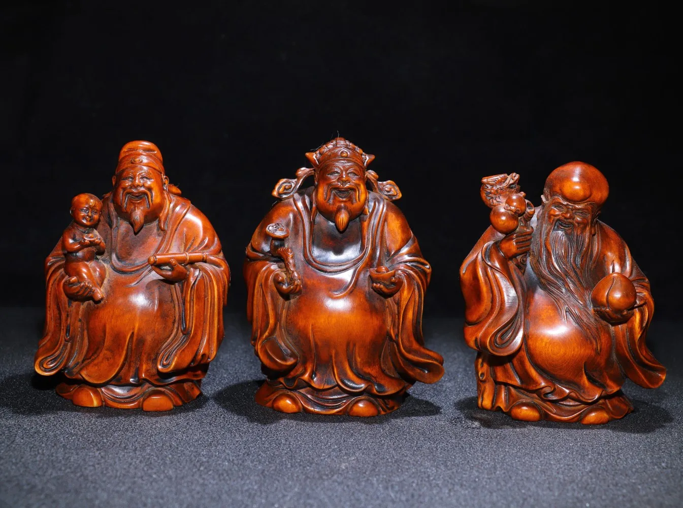 

4"China Lucky Old Boxwood Hand-carved Fu Lu Shou Three statues Lucky fortune God of Longevity Office Ornaments Town House