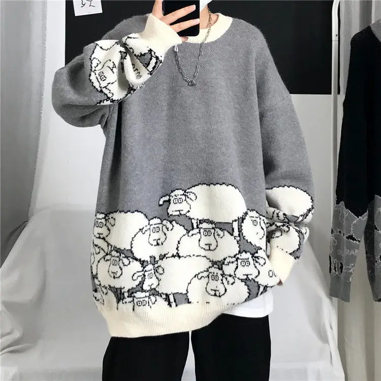 

Hong Kong Style Retro Fun Cartoon Jacquard Sweater Male Fashion Brand students relaxed and lazy style casual sweater couples