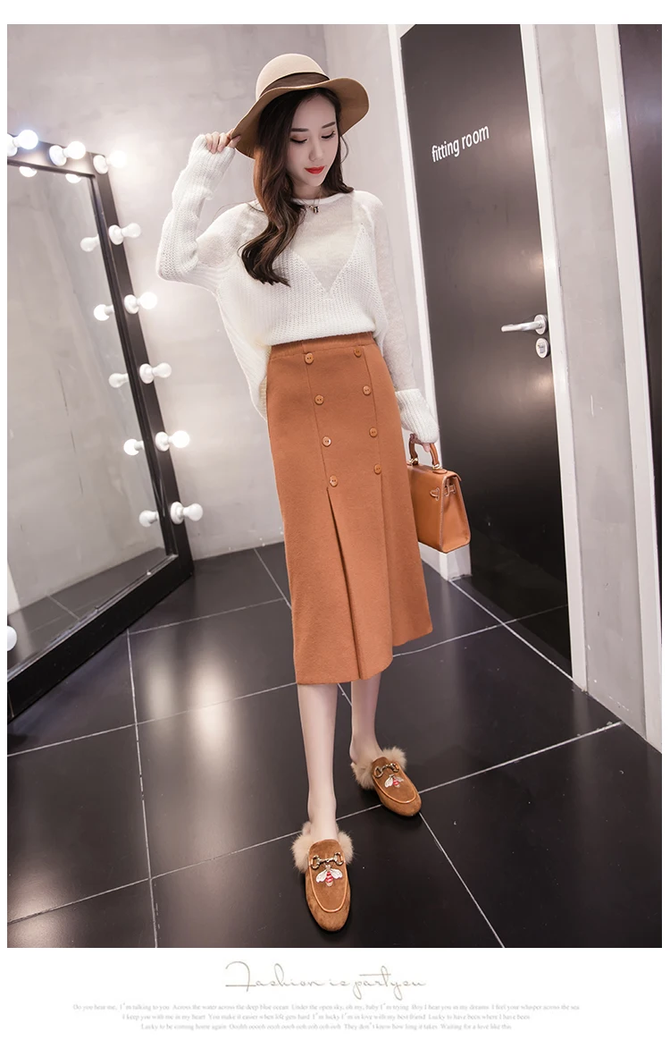 High Waist Stretch Knitted Skirt Women Elegant Double breasted Straight Long Skirts Female Autumn Winter Vintage Pleated Skirt