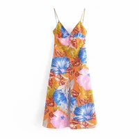 summer women party tie string floral dresses sexy backless sling vestidos low cut sundresses print sleeveless slit midi dress