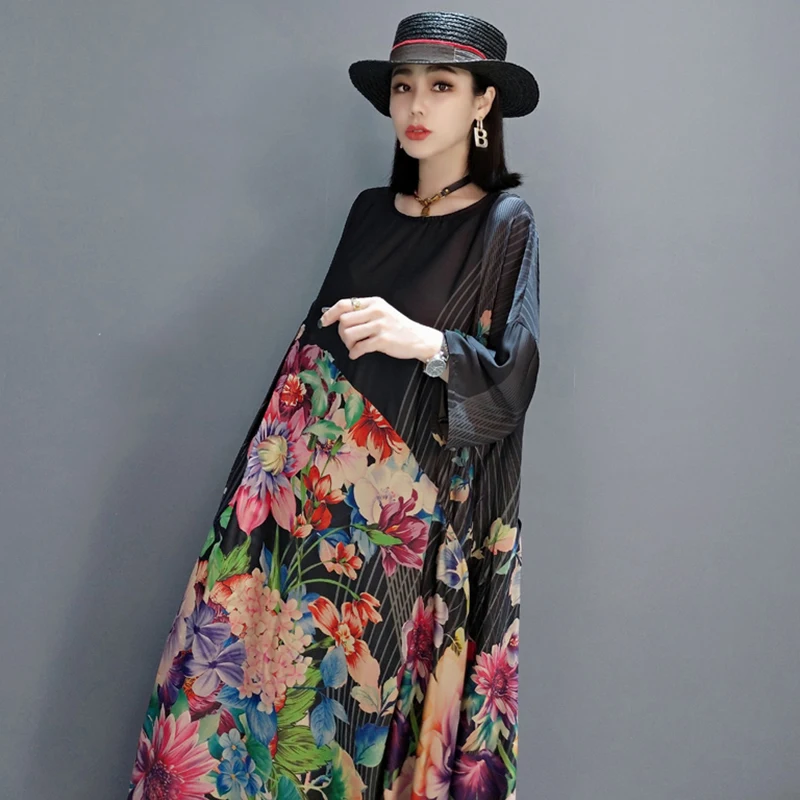 

SHENGPLLAE Temperament Floarl Dress Women's Summer 2021 New Round Neck Large Size Short Sleeve Printed Mid-calf Dresses 5C681