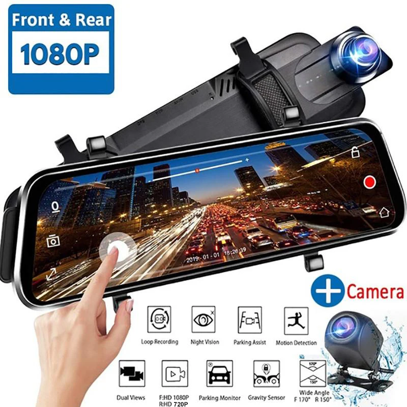 

10 Inches Dual Lens Car Camera DVR Touch Screen Dash Cam FHD 1080P Auto Mirror Driving Recorder 170Â° Super Night Vision Dashcam
