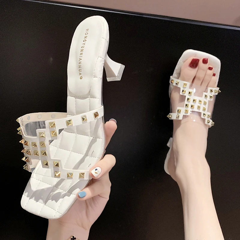 Туфли женские прозрачные с заклепками Босоножки открытым носком без застежки