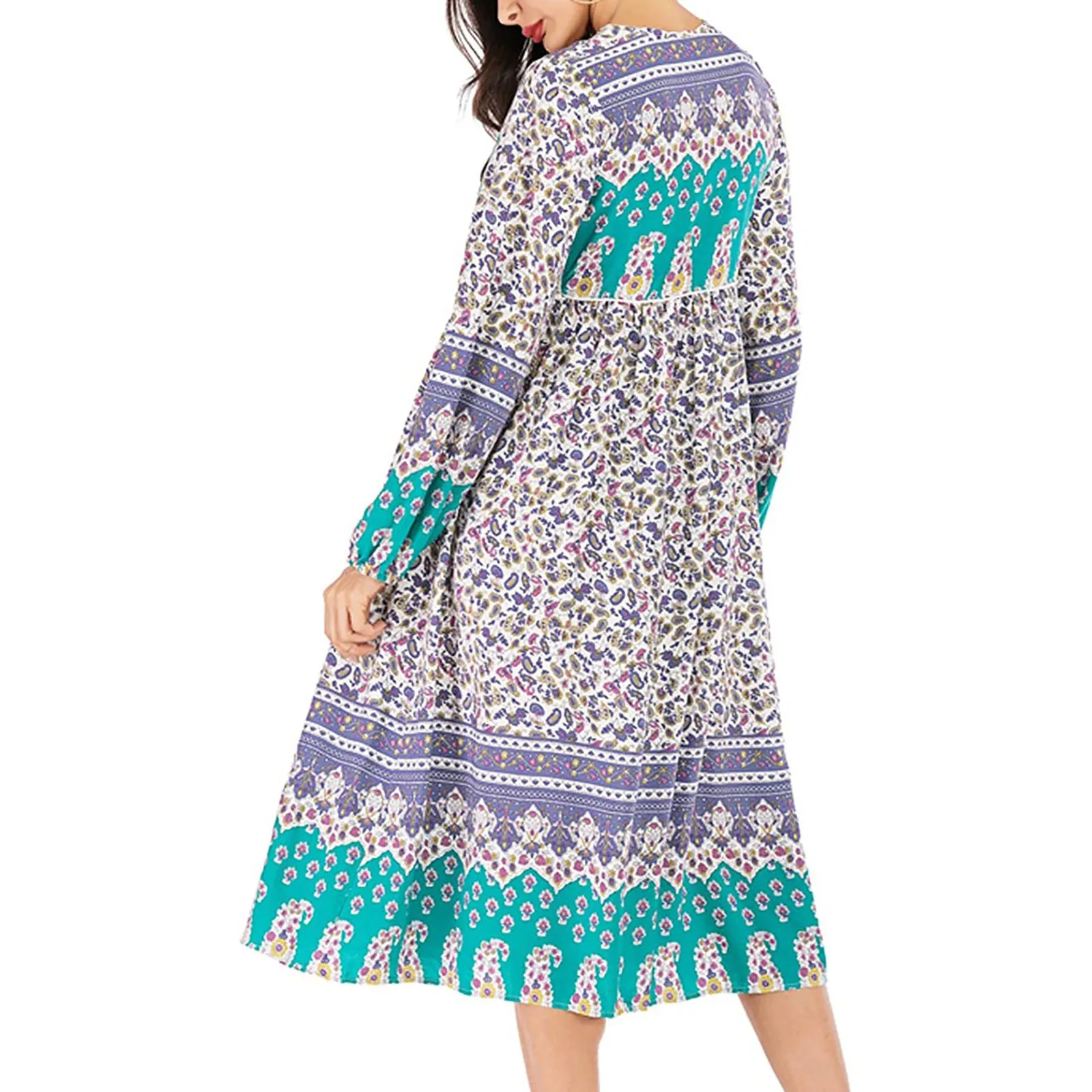 

2021 summer hot sale women's bohemian print long-sleeved pleated skirt fashion dress lantern sleeve dress vestido de mujer