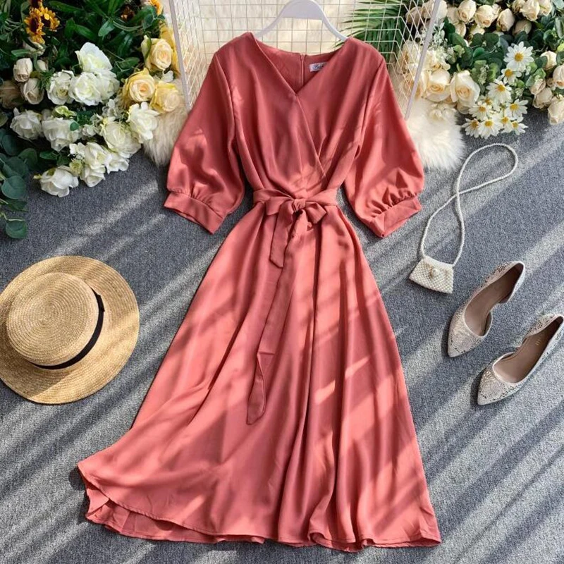 

Summer 2021Women Party Dress Solid Sexy V-Neck Half Sleeve Bandage Dress Chic Elegant A-Line High Waist Midi Long Dress Vestidos