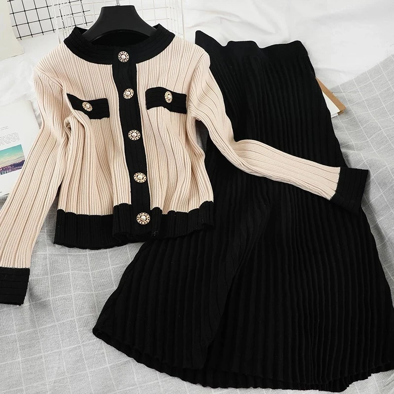 

2022 Women Knit Elegant Dress Suit Loosen 2 Piece Sets Single Breasted Patchwork O-Neck Top Sweatsuit Pleated Knee Skirt Outfits