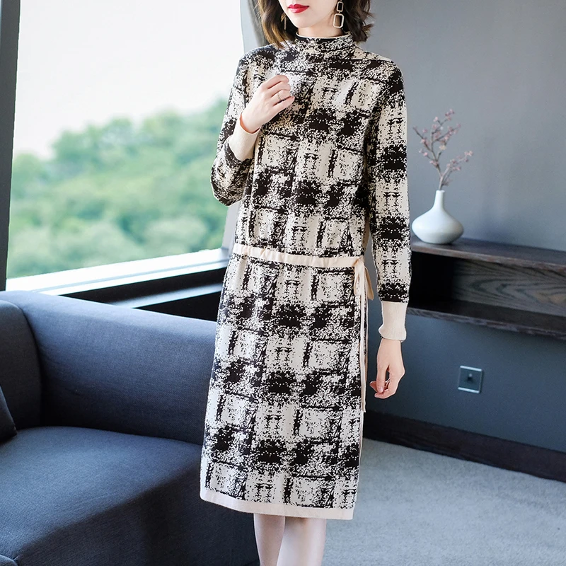 Plus Size Female Jacquard Pullover Sweater Dress 2020 Autumn Winter Women Elegant Casual Long Sleeve Loose Knitted Dresses L4154 | Женская