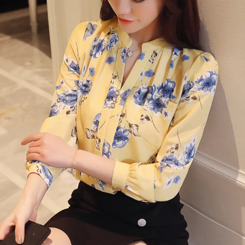 Новая мода 2018 OL Блузки женские Топы с длинным рукавом принтом шифоновая женская