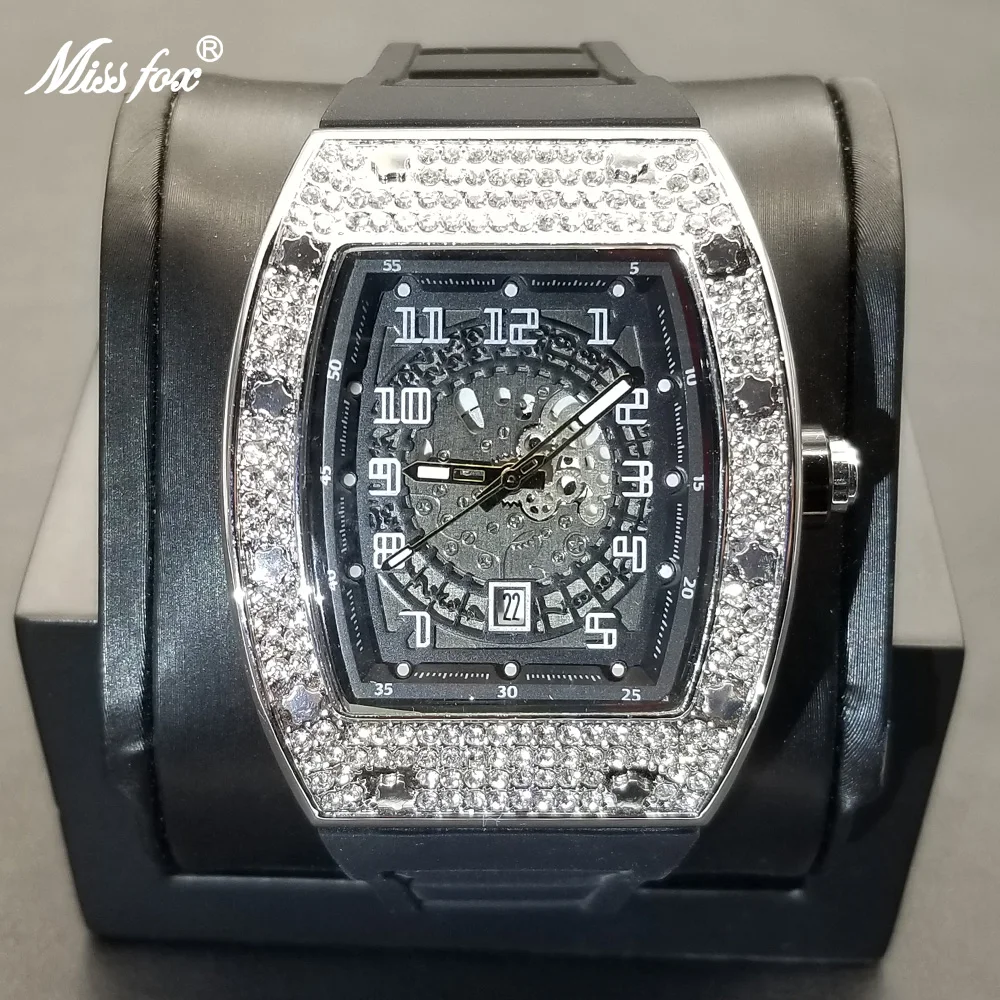 

MISSFOX 2021 New Arrival Tonneau Men Watches Iced Out Full Diamond Rubber Strap Watch Hollow Dial Design Luxury Sport Male Clock