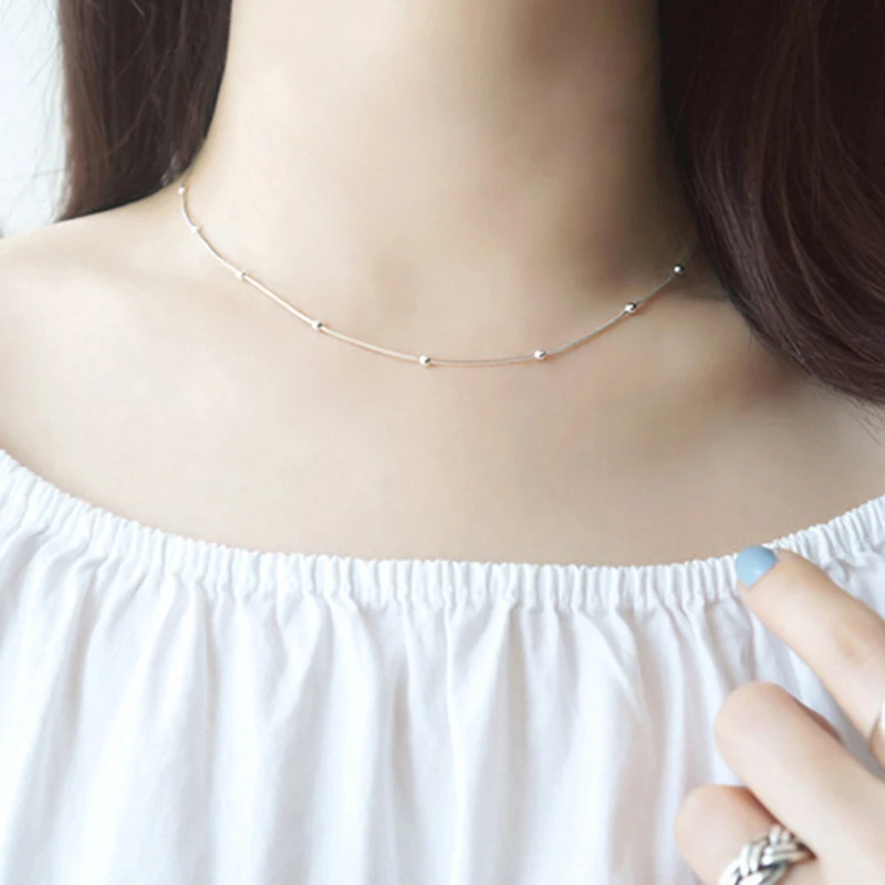 Женская цепочка из серебра 925 пробы с промежуточными бусинами | Украшения и