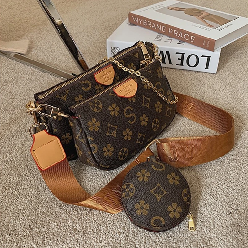 

3in1 Sets Women Crossbody Bag 2021 New Fashion Classic Printed Pattern Shoulder Messenger Chain Bags Ladies Fashionable Purses
