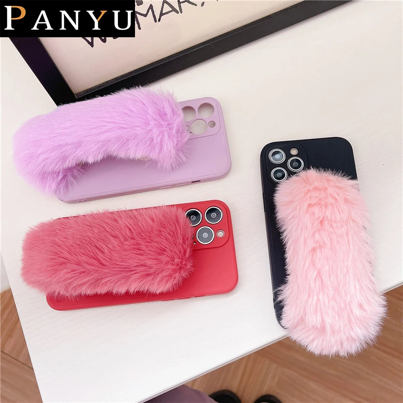 

Anti-fall Solid Color Hairy Wristband Phone Case For Huawei Honor 30 30s V40 X20 Note 10 50 P40 P50 Nova 7 8 SE Pro 5G Soft Capa