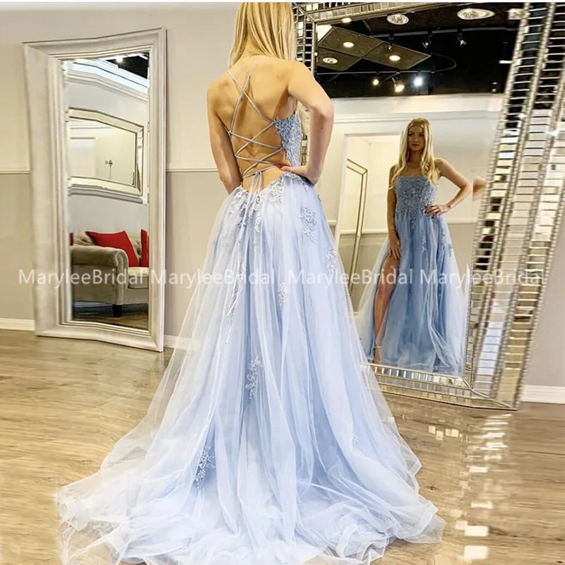 Высокое щелевой фонарь небесно-голубое платье для выпускного вечера Спагетти