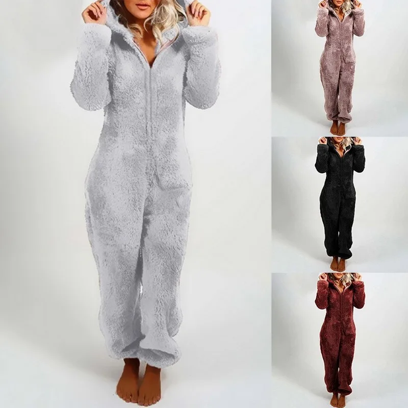 Winter Women Onesies Solid Warm Pyjamas Fleece Jumpsuits Sleepwear Overall Cute Bear Hooded Pajamas For Nightwear Homewear |
