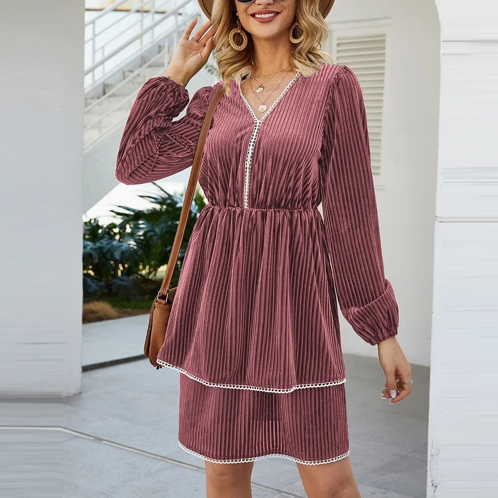 Женское винтажное платье с V-образным вырезом однотонное Свободное длинными