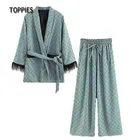 Женский комплект из двух предметов Toppies, синяя куртка-кимоно с принтом и рукавами-перьями, широкие штанины, Свободная Домашняя одежда, 2021