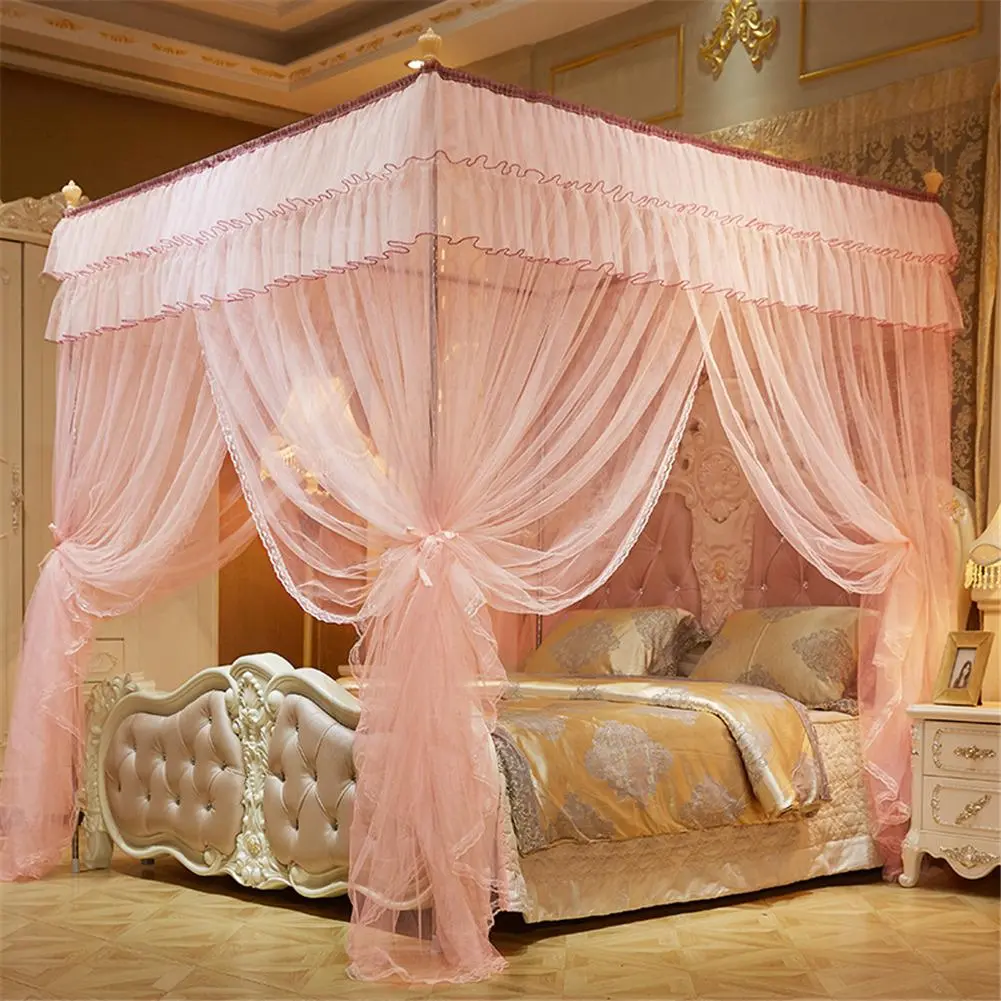 Mosquitera de Cuatro Esquinas, dosel de cama rosa, mosquitera de princesa reina, Red de cama, tienda de campaña, cortina de longitud hasta el suelo de 2m x 2m x 1,5 m