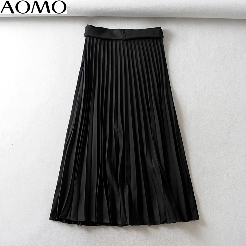 

AOMO fashion women amy green pleated midi skirt with belt vintage office ladies elegant chic mid calf skirts 6A06A