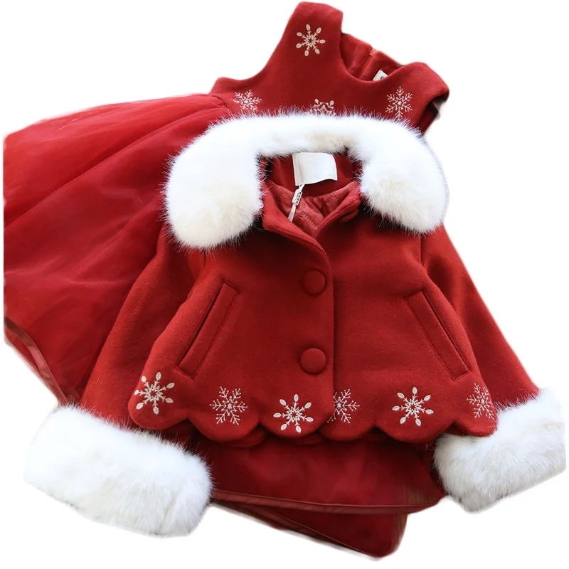 

2-12Y Girls Outfits Girls Clothes Set Warm Dress+ Cape Coat 2pcs Party Clothing Girls Christmas Gift Faux Fur Collar CL688