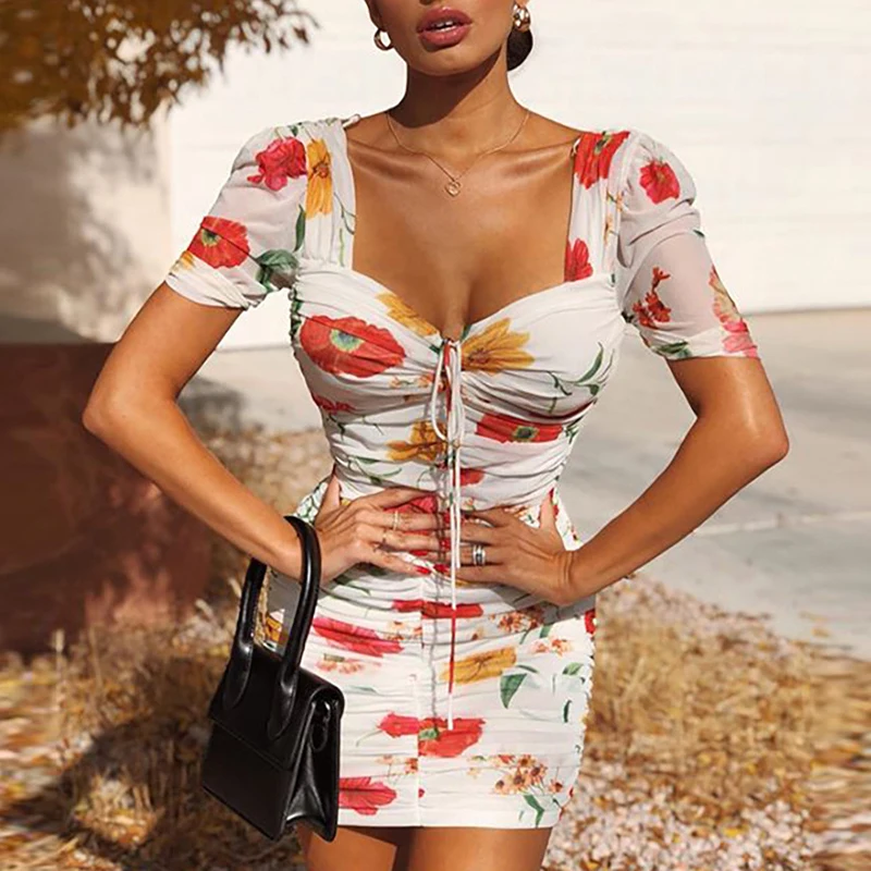 

Women Square Collar Mini Bodycon Dress Summer 2020 Ruched Designed Drawstring Dress Sexy Short Sleeve Floral Print Party Dresses