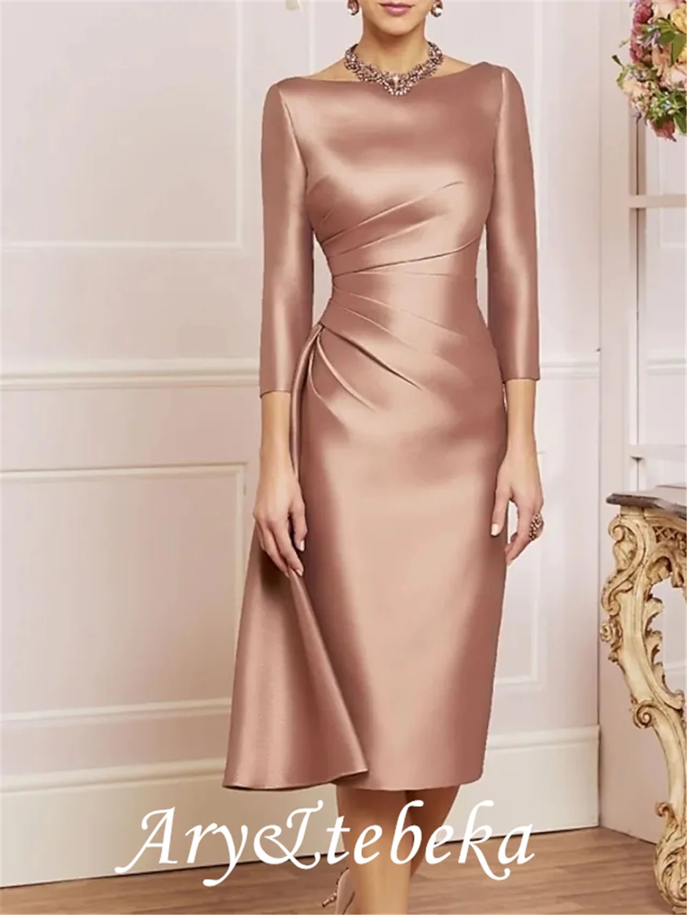 

Sheath / Column Mother of the Bride Dress Elegant Jewel Neck Knee Length Satin 3/4 Length Sleeve with Split Front Ruching 2021