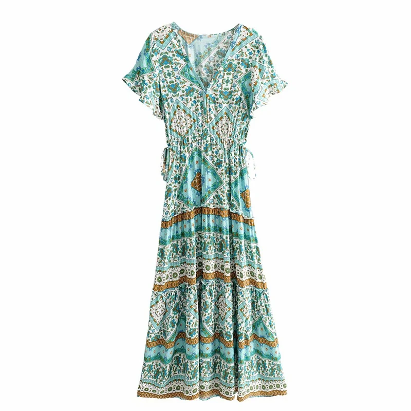 green Boho шикарное женское платье с цветочным принтом, с расклешенными рукавами, богемное хлопковое платье макси из вискозы, женское винтажное платье с v-образным вырезом на шнуровке и оборками - Color: green