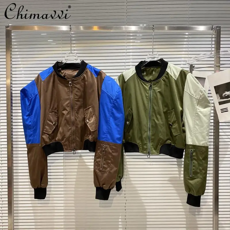 

2021 Women's Clothing Fashion Contrast Color Padded Shoulder Motorcycle Flight Jacket Short Coat Long Sleeve Streetwear Tops