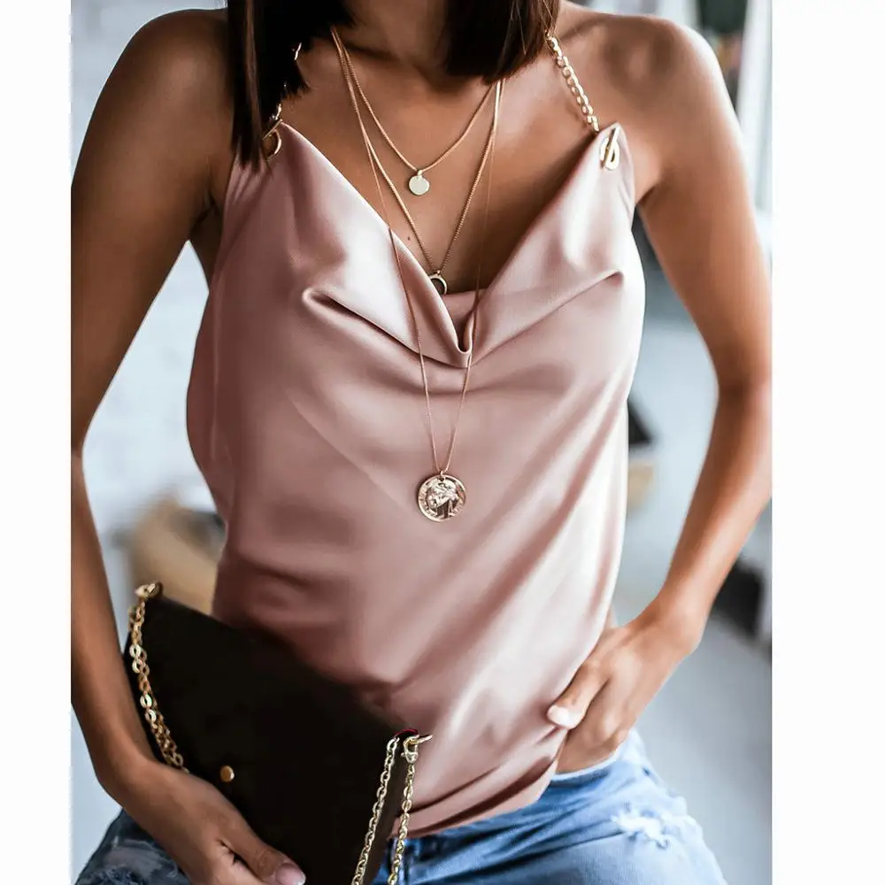 Майка женская атласная с V-образным вырезом модная Однотонная рубашка цепочкой