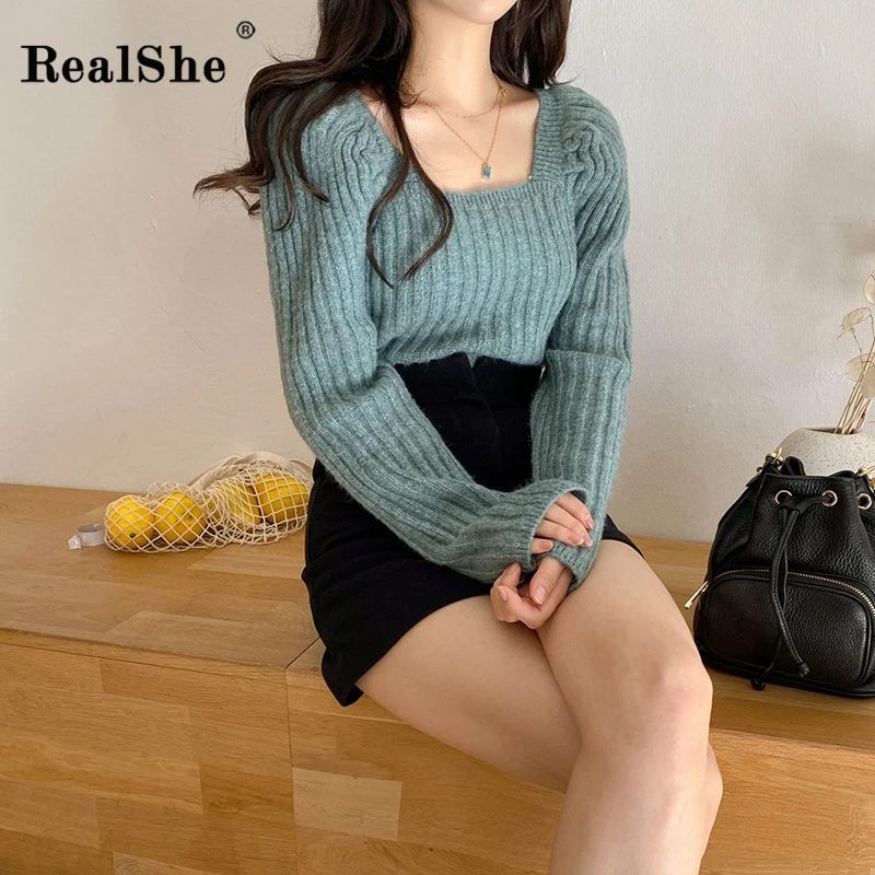 RealShe Sweater Woman Pullover 2020 Square Collar Long Puff Sleeve Solid Knitted Women Spring Casual Elegant Sweaters | Женская одежда