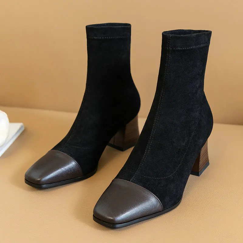 

2021 New Autumn Winter Ankle Boots Autumn Winter PU Leather + Flock Square Heel Women Shoes Square Toe Short Boots Size 34-43
