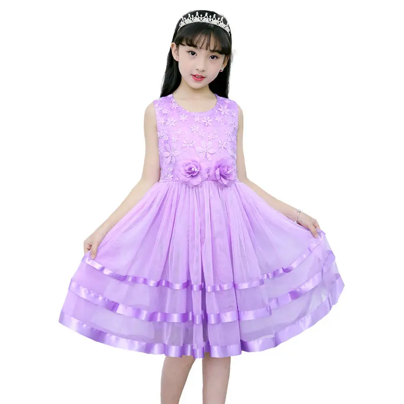 

Girls Princess Dress 2021 Summer Performance Dress 3-13 Years Old Floral Sleeveless Crew Neck Kids Casual Clothes for Girl