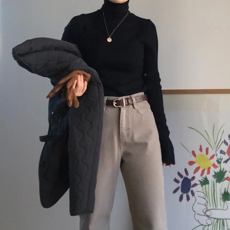 Женский свитер YAMDI шикарный корейский джемпер с воротником-хомутом однотонный