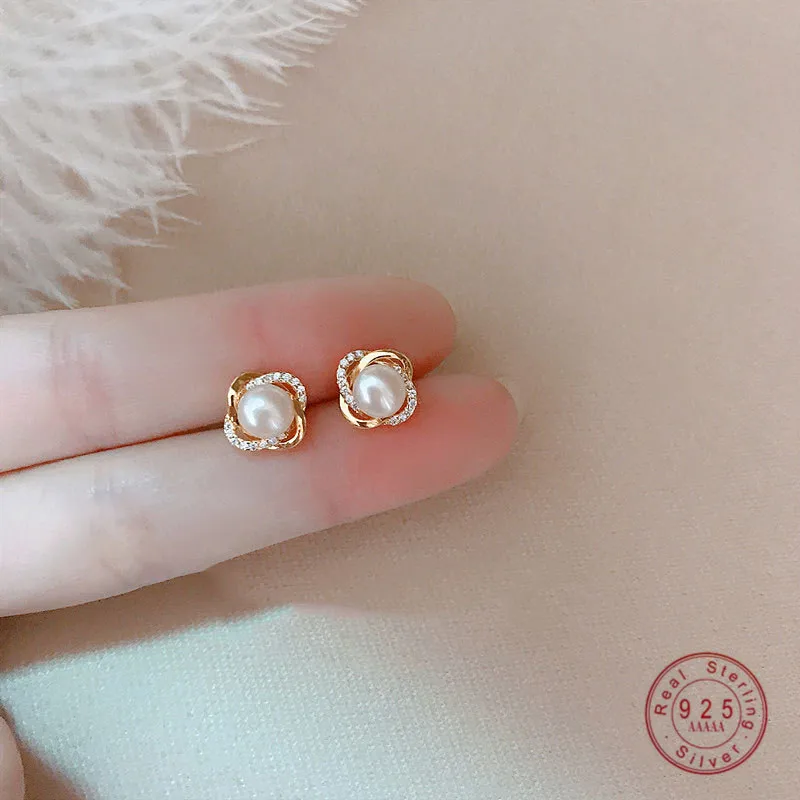 

Korea INS Exquisite Crystal Pearl S925 Sterling Silver Stud Earrings Women Noble Elegant Birthday Gift Jewelry