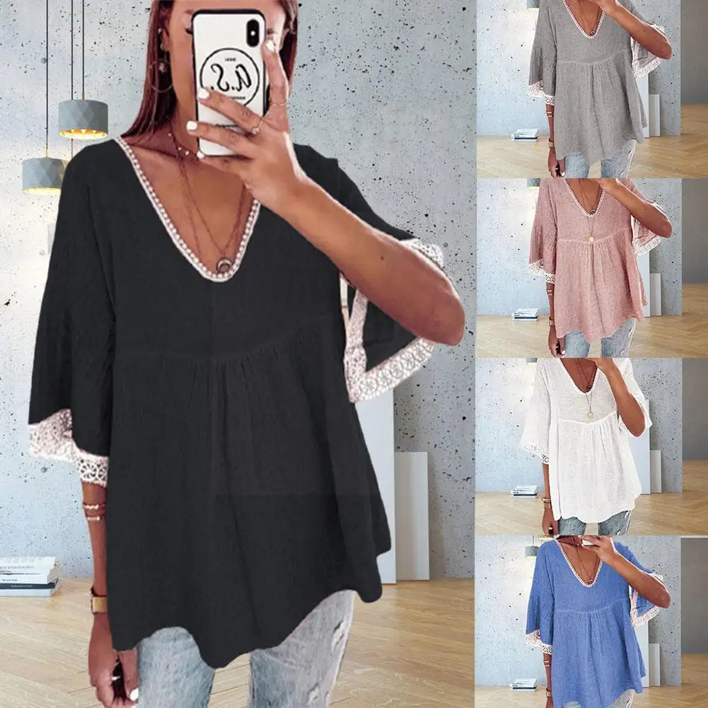 

Color V-neck Lace Women's T-shirt Fashion Stitching Casual T-shirt Shirts Pullover Short-sleeved Loose T Summer Tops D2b0