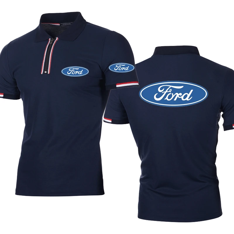 

Рубашка-поло мужская однотонная в полоску, хлопок, принт логотипа автомобиля Ford, повседневная, летняя