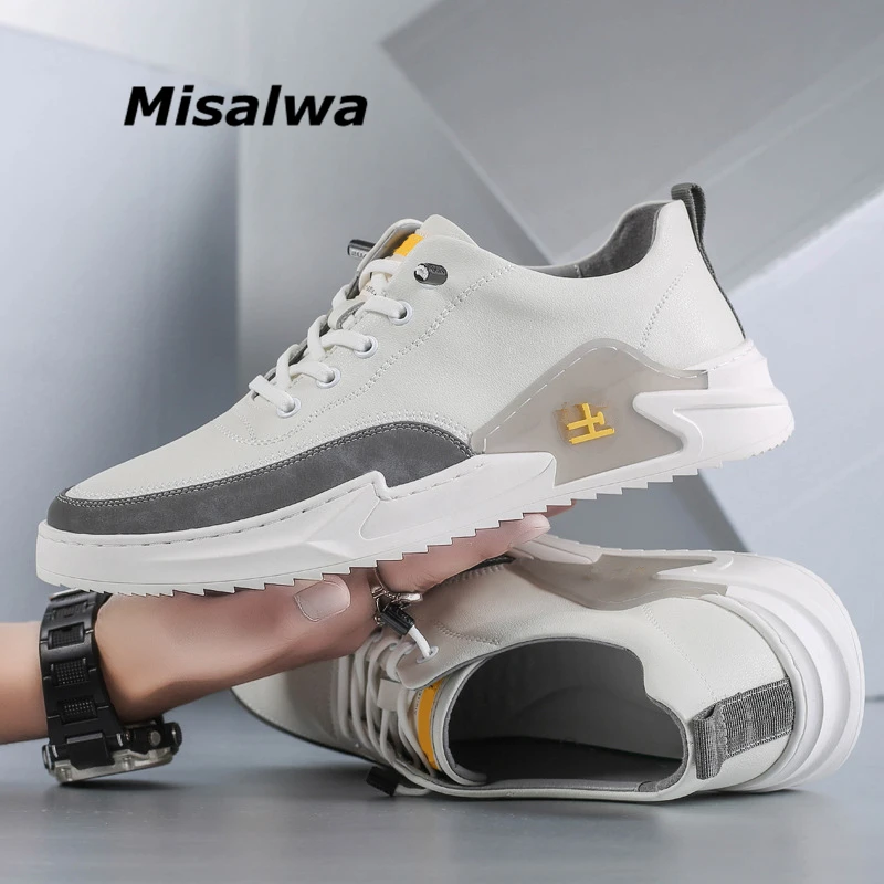 

Misalwa 5cm /Flat White Designer Men Sneakers Leather Elevator Young Men Daily Footwear Man Spring Casual Shoes Height Increase