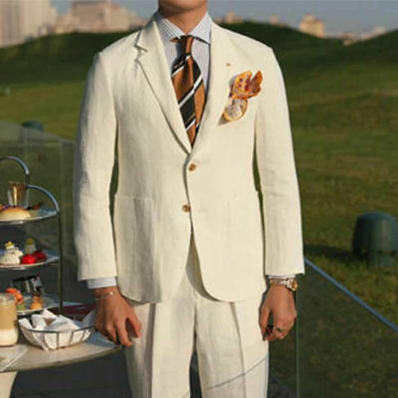 Мужской повседневный костюм из 2 предметов бежевый льняной смокинг для свадьбы