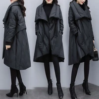 2022 winter new women loose fashion mid length down padded cotton jacket female black slimming cloak jacket buttons thickeing