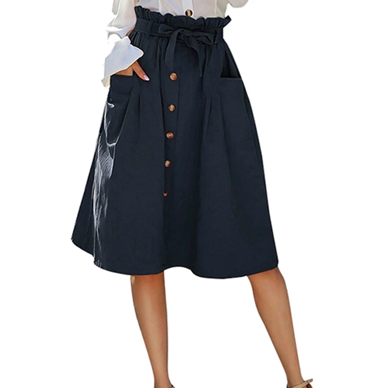 Fashion Women Casual Skirt Frily Ruffles High Waist Skirts For Woman Button Design Solid Color Bowknot Plus Size | Женская одежда