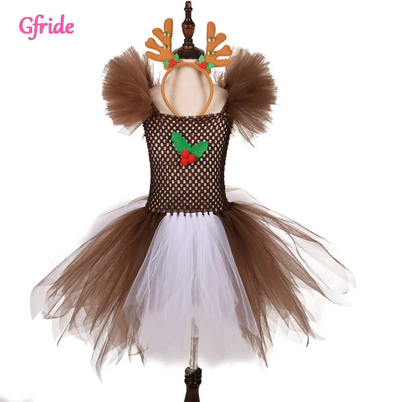 

Brown Girls Christmas Eve Xmas Costume Dressing up Party Dresses Kids Santa Reindeer New Year Tutu Mesh Carnival Fancy Clothing