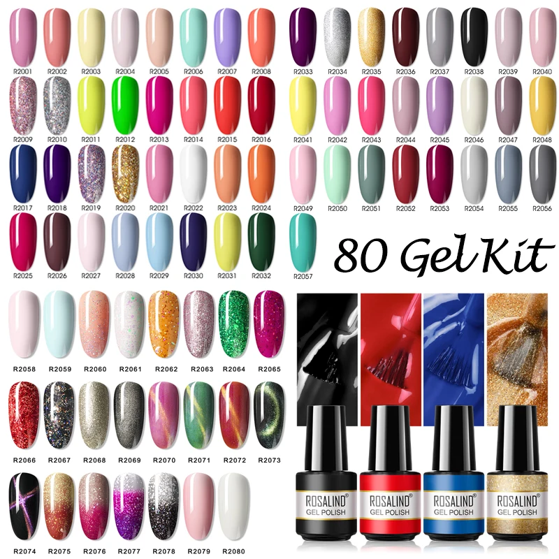 ROSALIND 80 Colors Gel Nail Polish Set Manicure For Nail Art Design Cured by UV LED Lamps Need Base Top Coat Semi Permanent