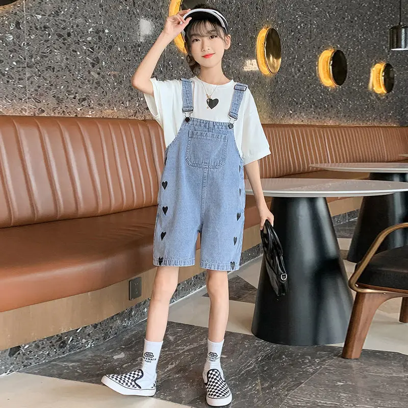 

Одежда для девочек, белая футболка + комбинезон, спортивные костюмы для девочек, спортивный костюм в стиле пэчворк для девочек, повседневный стиль, детский спортивный костюм 4-12 лет