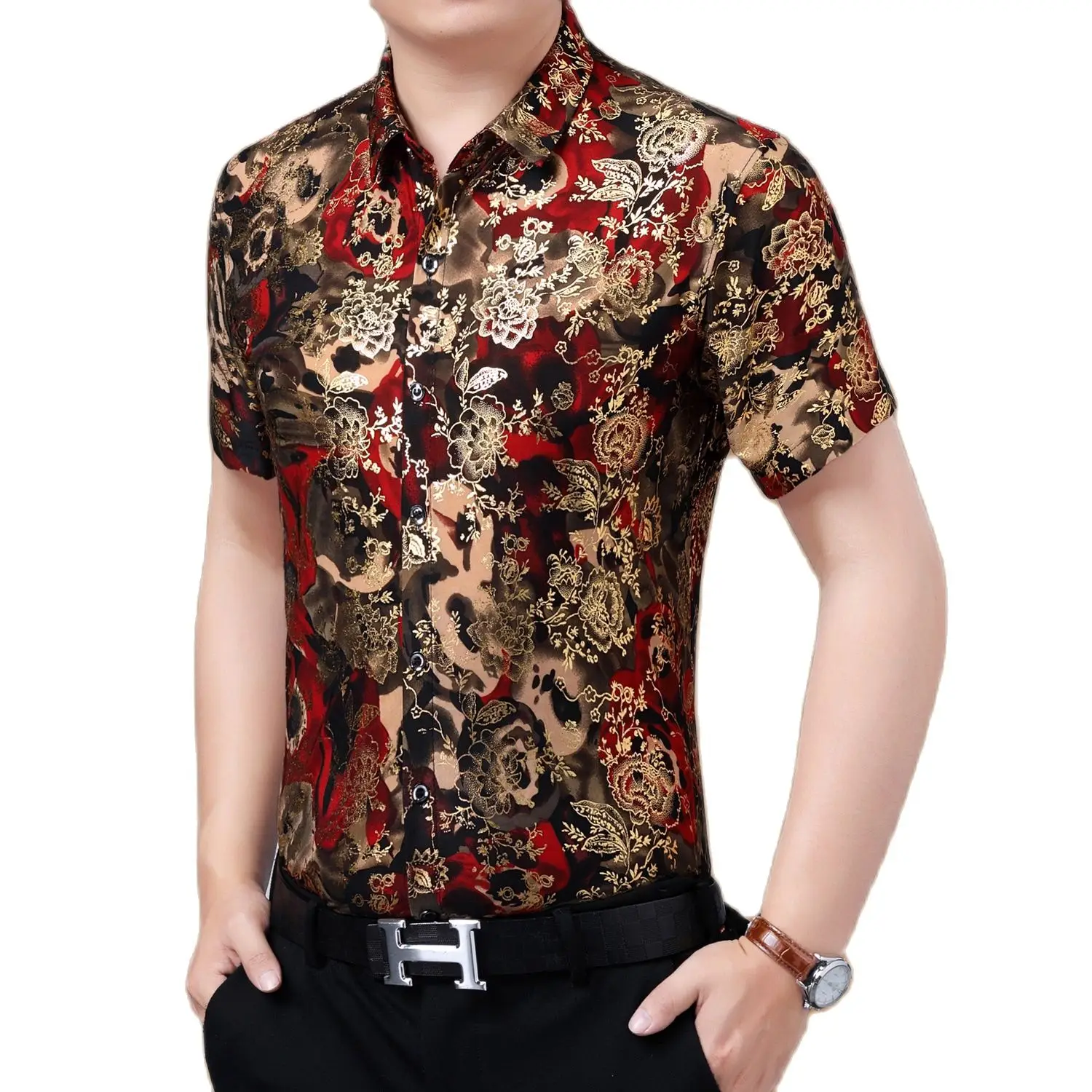 

2021 New Short Sleeve Fashion Flower Shirt Men's Large Size Non-iron Printed Ice Silk Cotton Shirt