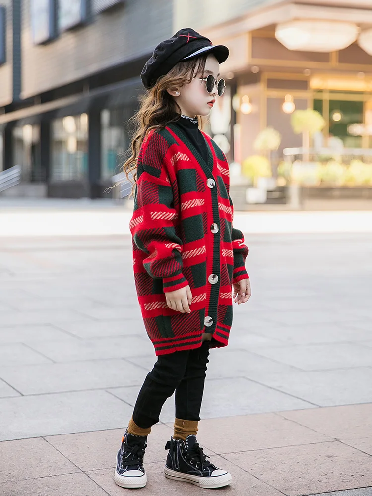 2019 Детский свитер топы кардиган для больших девочек Осенний вязаный/вязаный